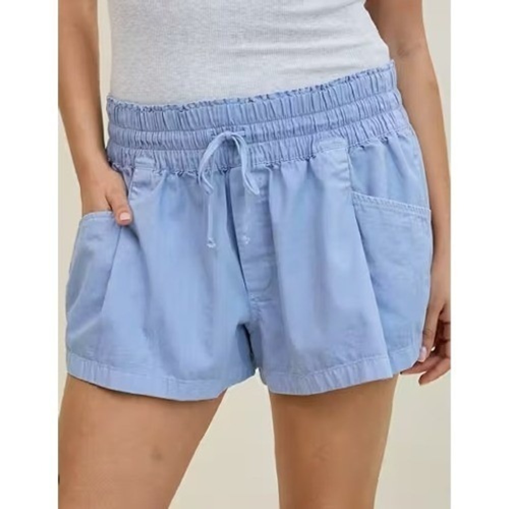 Aerie Smocked Waist Shorts Cotton Blend Coastal Beachy Light Blue size L  NWOT